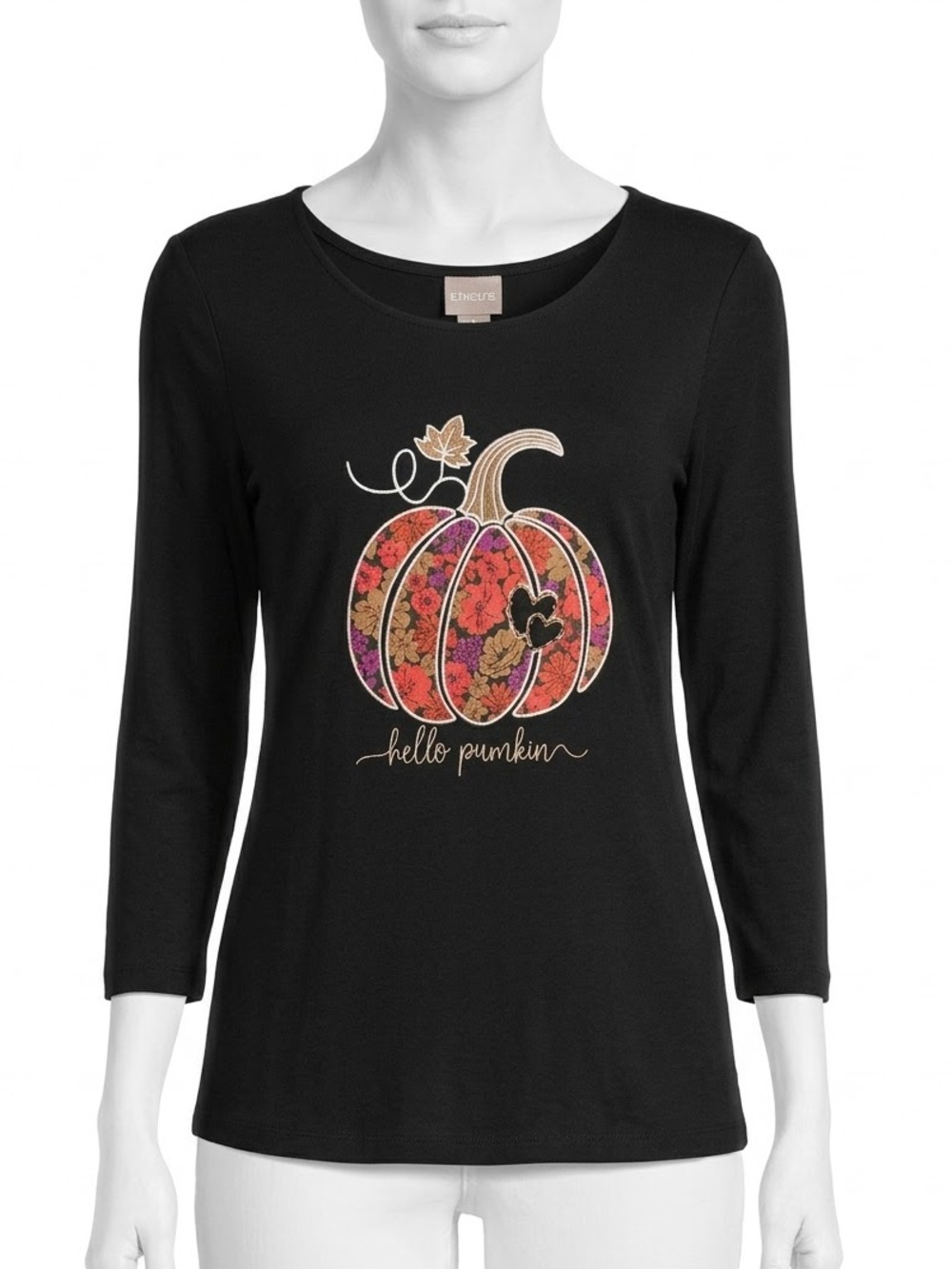 Chico's Black 3/4 Sleeve Top with Floral Pumpkin Graphic Small